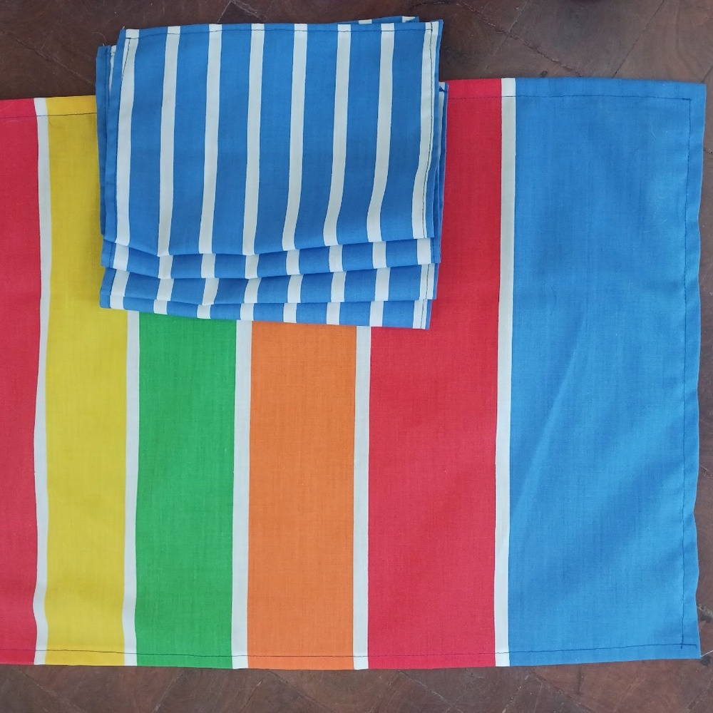 Hand sewn striped, bright outdoor tablecloth for camping or picnics